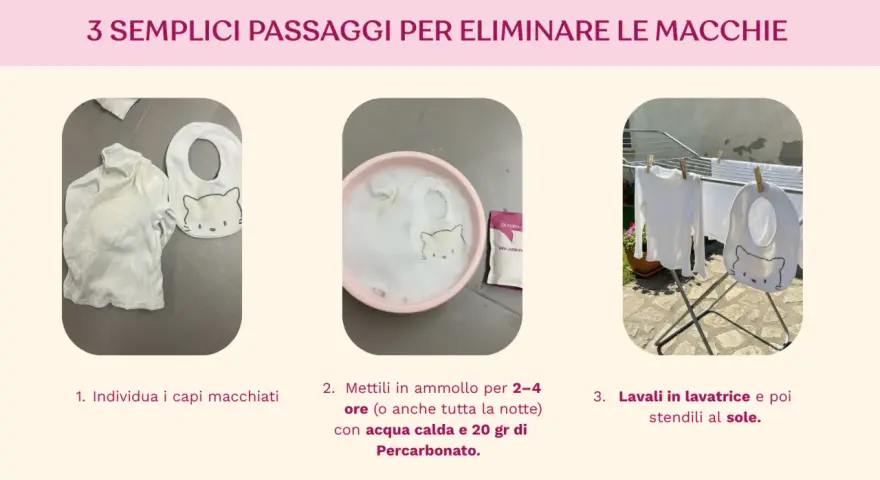 Come togliere le macchie gialle dalla biancheria: 1. Individua i capi macchiati. 2. Mettili in ammollo con acqua calda e percarbonato. 3. Lava e stendi al sole.