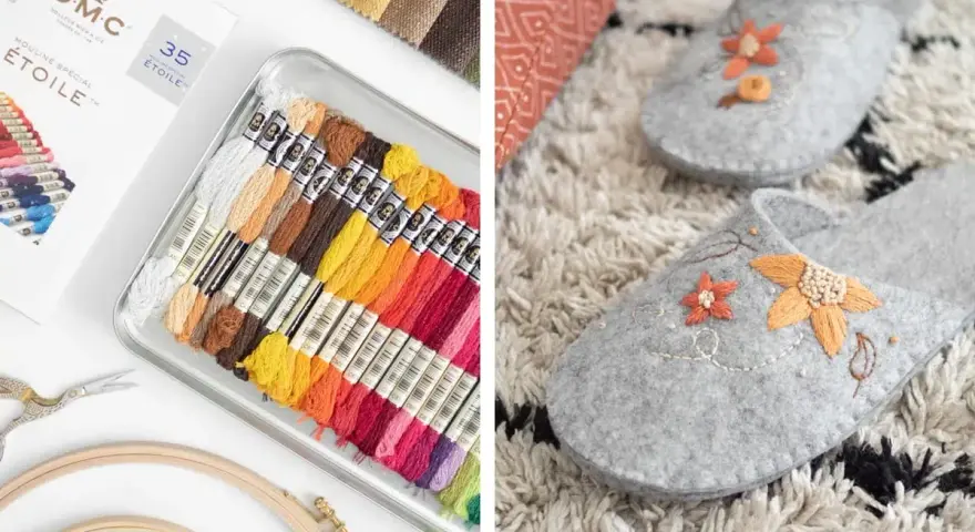 Kit per imparare come ricamare a mano: fili colorati, forbici, telai e pantofole decorate con fiori ricamati.