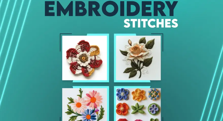 Varietà di fiori da ricamare a punto erba, con petali colorati e dettagli intricati.