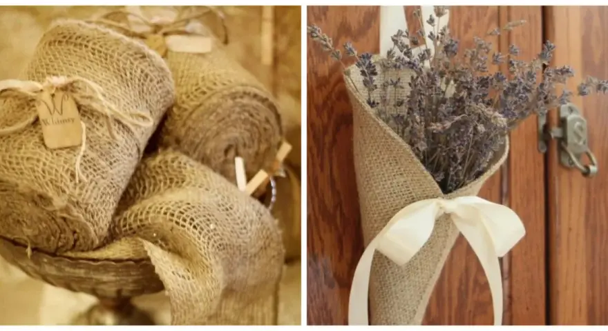 Rotoli di juta pronti per **lavori creativi**. Un mazzetto di lavanda essiccata avvolto in juta, legato con un nastro, decora una porta di legno.