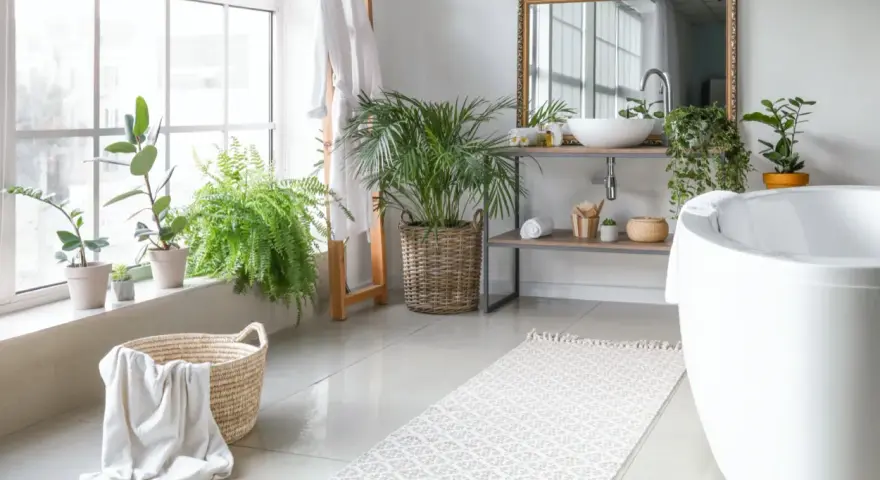 Bagno luminoso con piante, vasca, lavabo e un tappeto che aspetta di essere lavato in lavatrice.