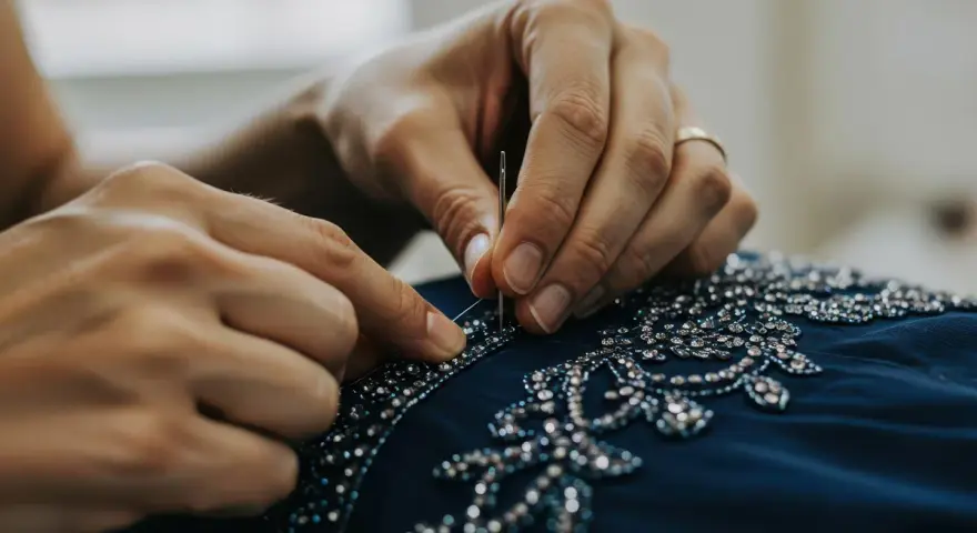 Mani esperte ricamano per confezionare un abito blu scuro, aggiungendo dettagli scintillanti con ago e filo.