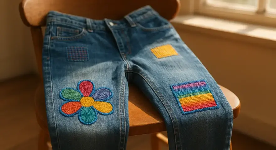 Jeans con colorati rammendi invisibili strappo: un fiore e un arcobaleno aggiungono allegria.