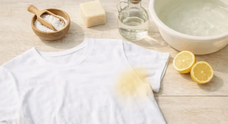 Togliere macchie di sudore vecchie dalla seta con limone, bicarbonato e sapone.