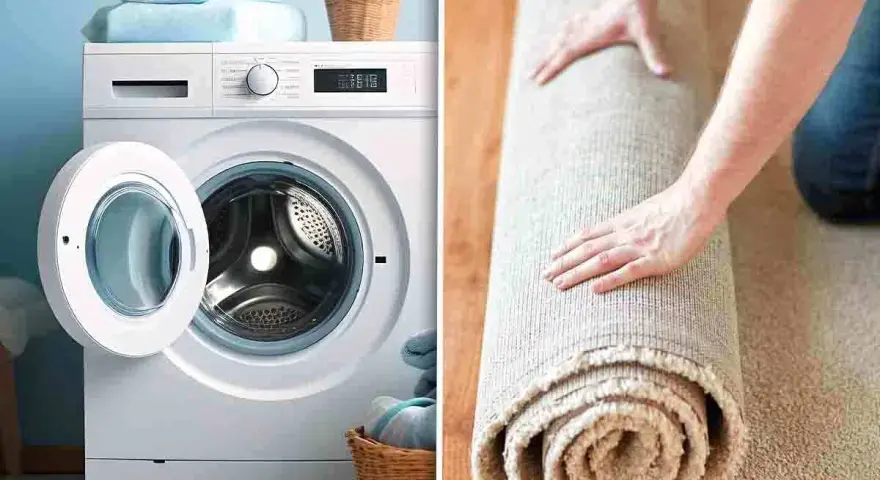 Lavatrice con cestello aperto e un tappeto arrotolato. Se la lavatrice non centrifuga il tappeto, potrebbe essere necessario un lavaggio a mano.