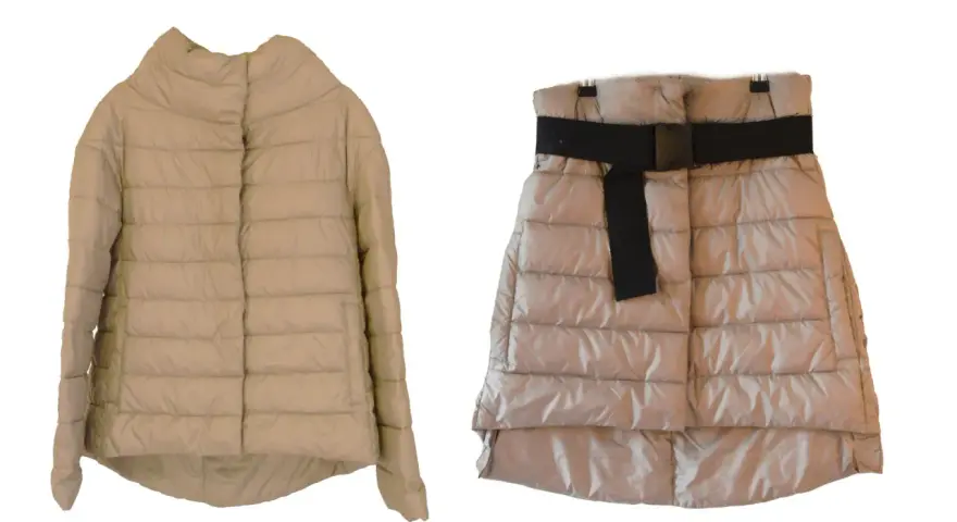 Giubbotto piumino beige e gonna piumino con cintura nera. Ideale per chi vuole imparare come tingere un giubbotto piumino.