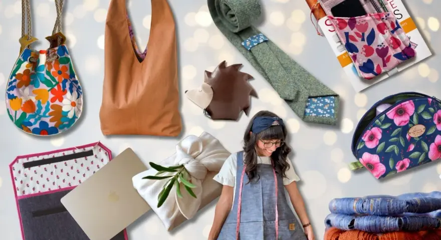 A collage of handmade fabric items: bags, a tie, a hedgehog coin purse, a laptop sleeve, a gift-wrapped item, and a woman in an apron.