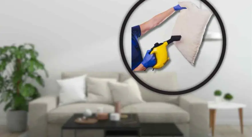 Pulizia profonda del divano per eliminare gli acari. Un braccio con guanto blu usa un pulitore a vapore giallo su un cuscino.