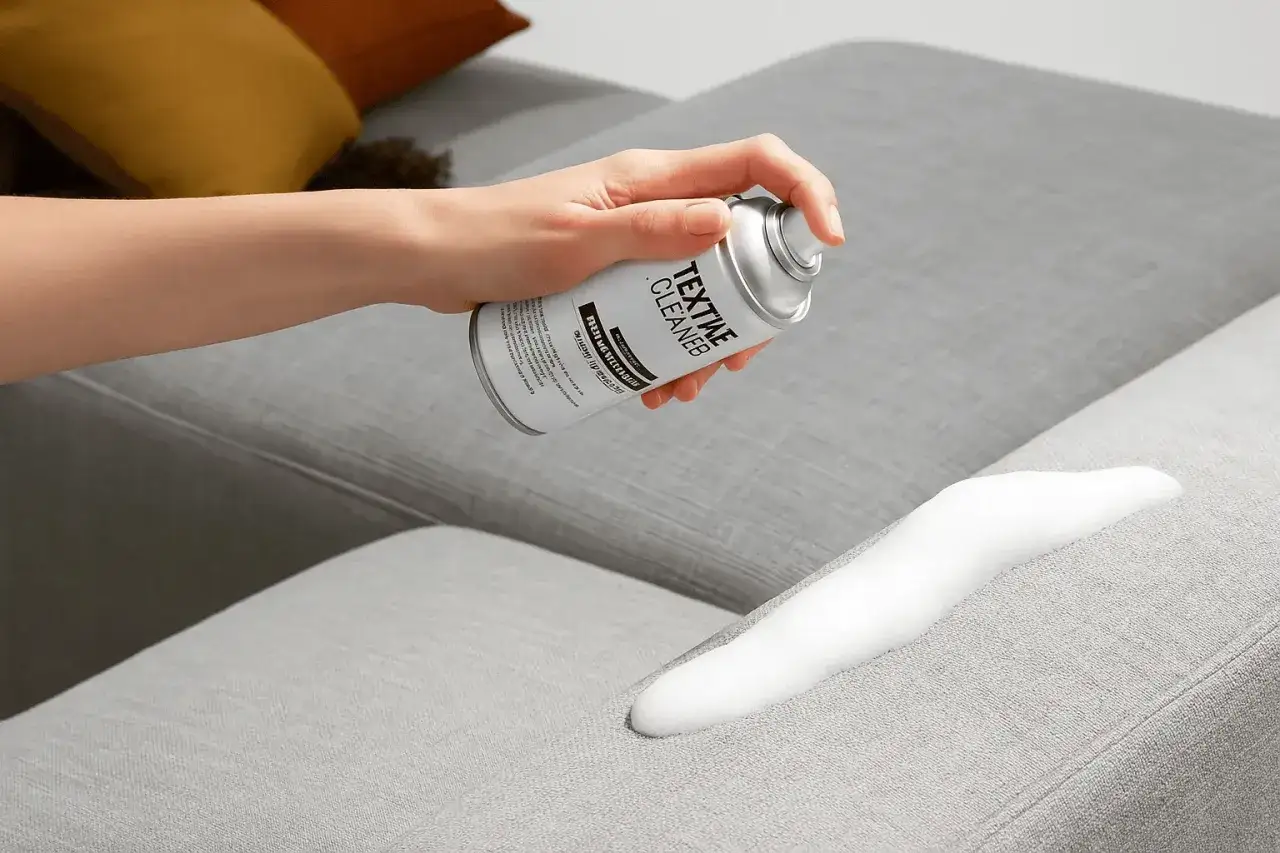 Mano spruzza detergente su divano grigio. Ricorda che il velluto si rovina con acqua, quindi usa prodotti specifici.