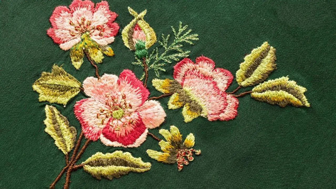 Delicato ricamo su stoffa verde scuro con fiori rosa e foglie verdi.