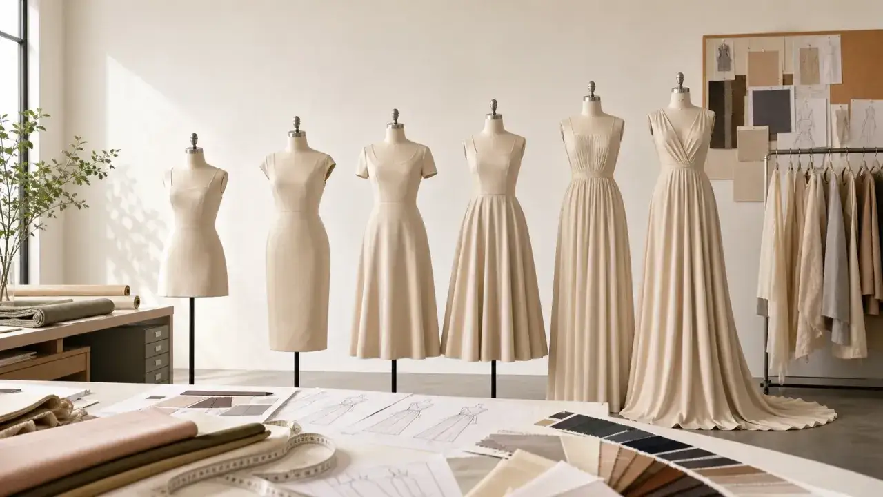 Manichini con abiti di diversa lunghezza vestito, da corti a lunghi con strascico, in un atelier di moda.