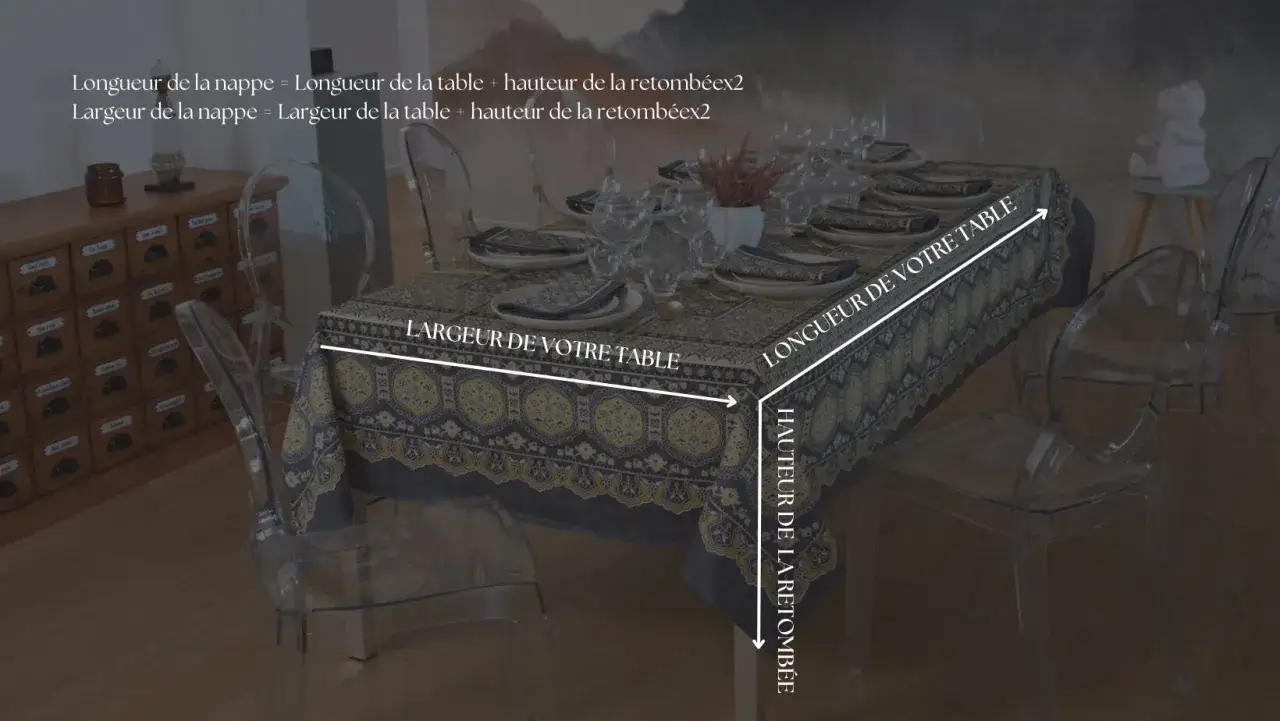 Illustrazione che mostra le misure di una tovaglia, con frecce che indicano larghezza, lunghezza e altezza della caduta.