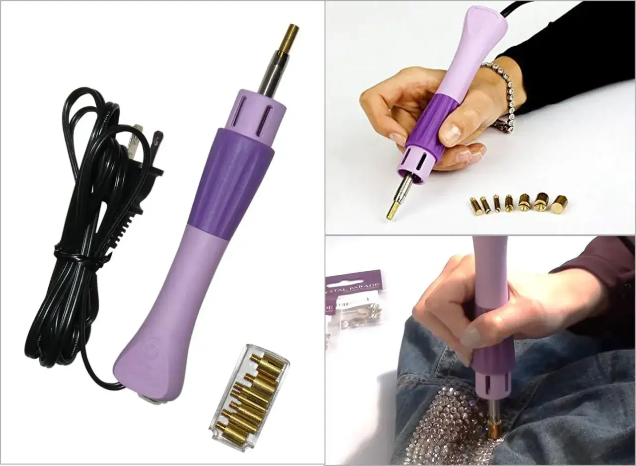 Strumento per applicazione strass su tessuto, con vari accessori e dimostrazione d'uso su jeans.