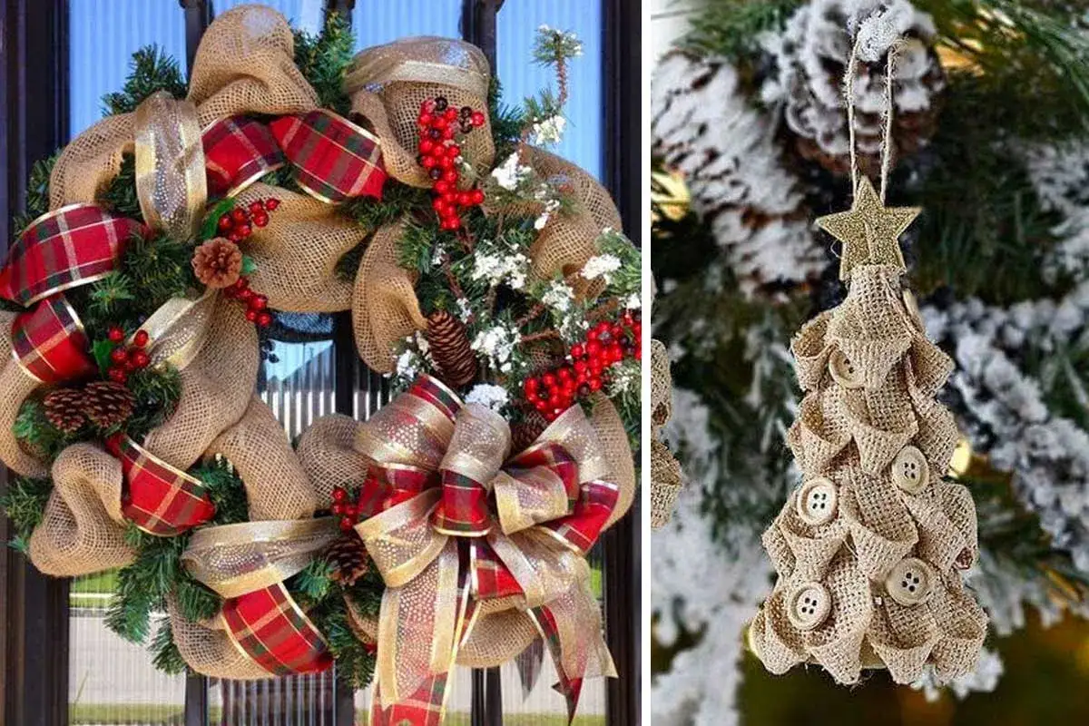 Ghirlanda natalizia e decorazione a forma di albero con juta, pigne e bacche rosse. Lavori creativi con la juta per un Natale rustico.
