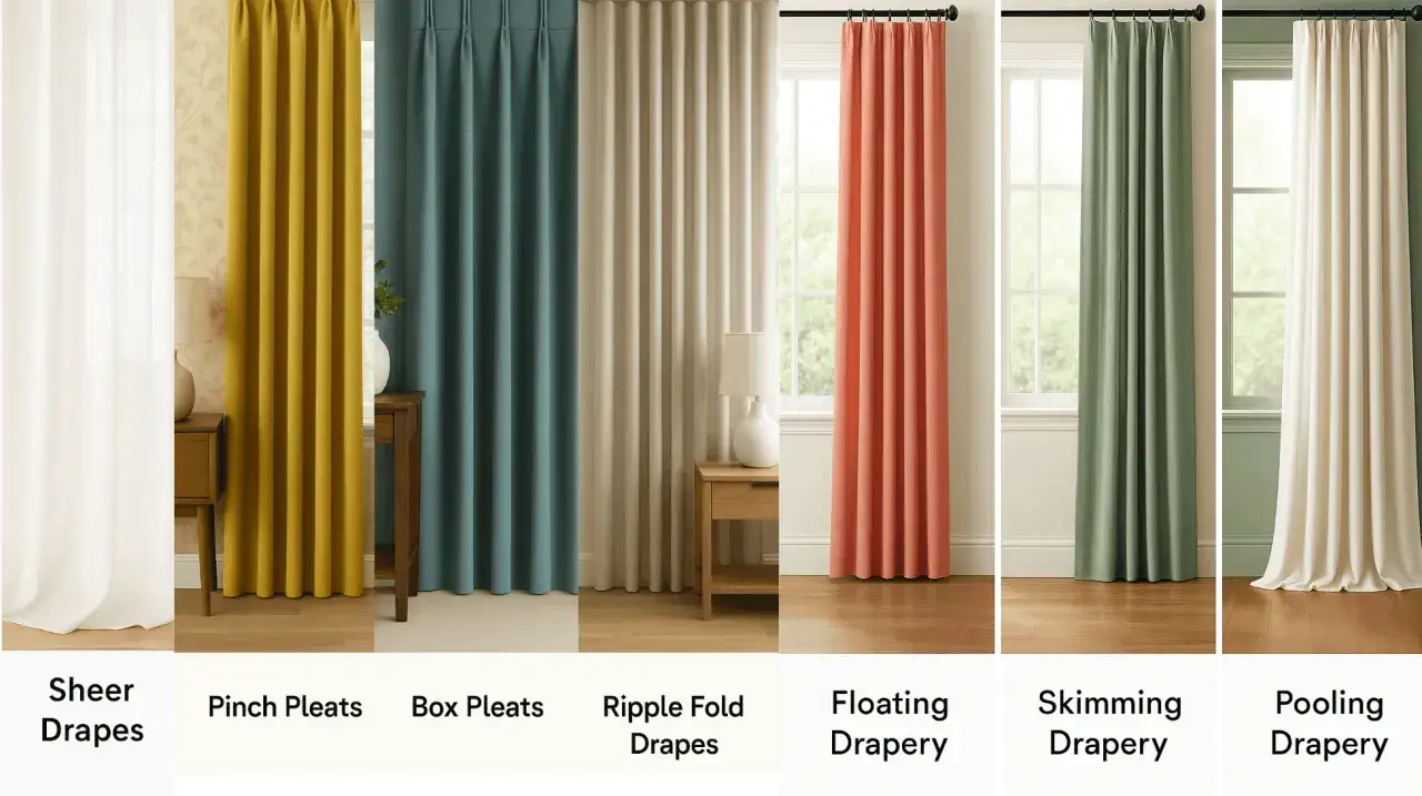 Varietà di tipi di pieghe per tende: Sheer, Pinch, Box, Ripple Fold, Floating, Skimming e Pooling Drapery.