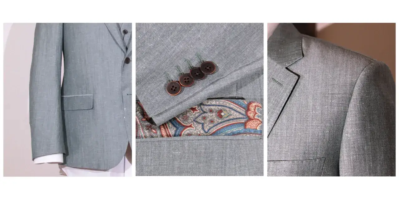 Dettagli di un abito grigio chiaro: tasca, bottoni in legno e pochette fantasia. Perfetto per confezionare un abito elegante.
