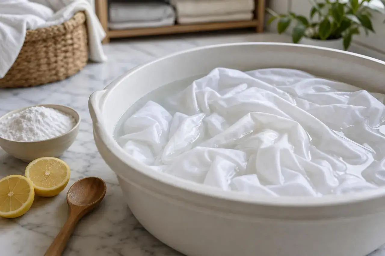 Lenzuola bianche immerse in acqua, pronte per sbiancare lenzuola ingiallite con candeggina e limone.
