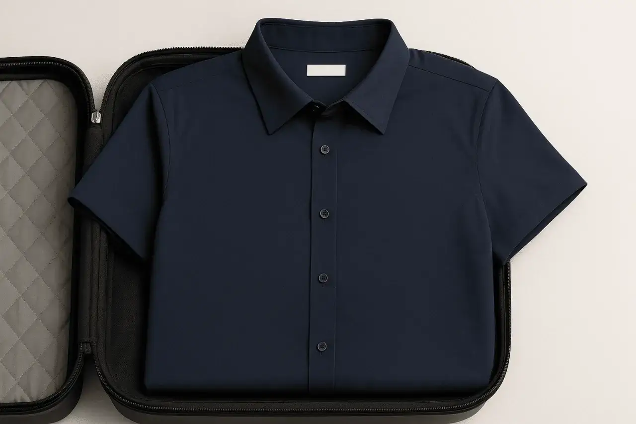 Camicia blu scuro piegata in una valigetta imbottita, un modo intelligente per viaggiare e non stirare le camicie.