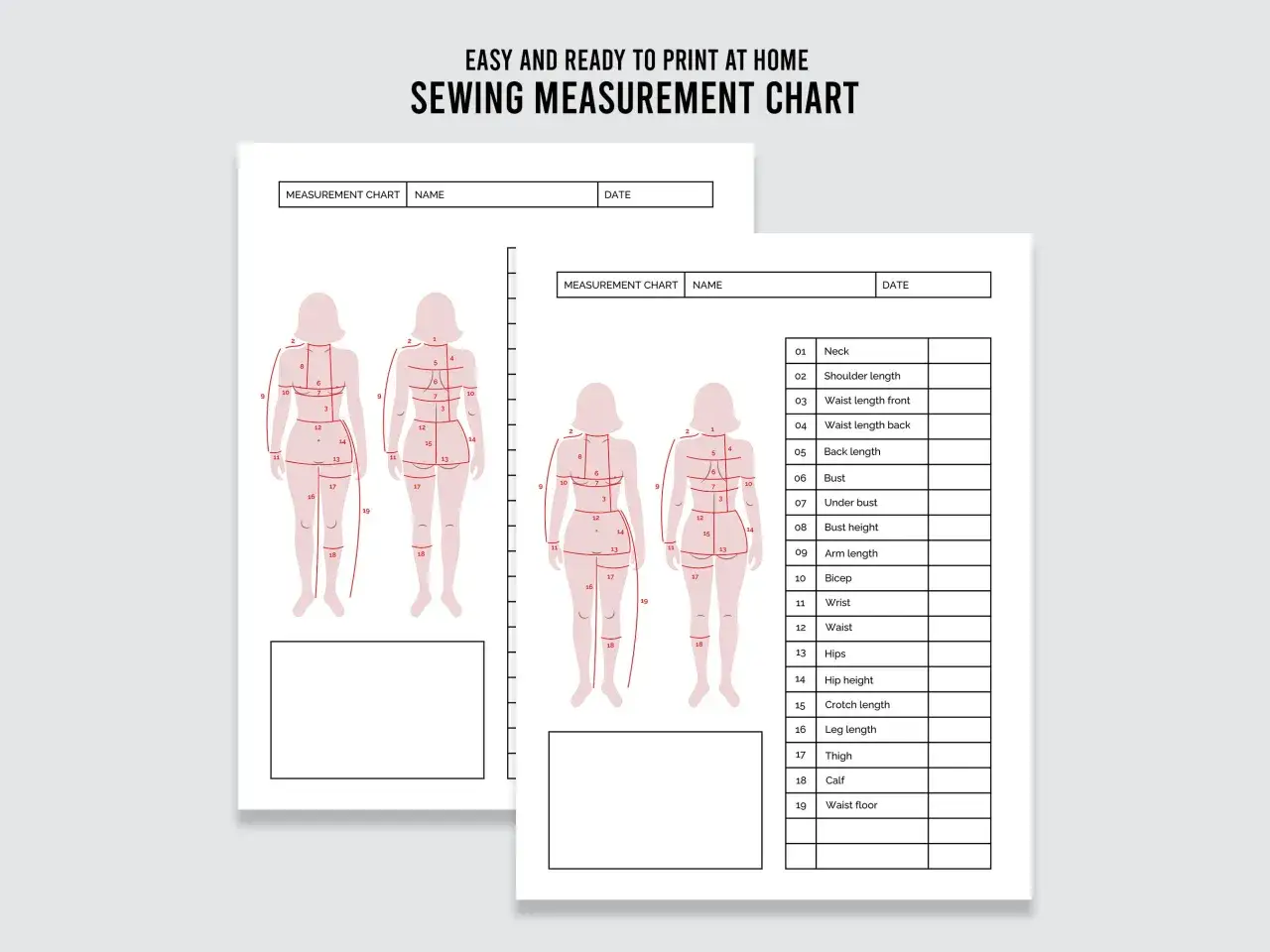 Tabella misure corpo con schemi anatomici e lista dettagliata per il cucito.