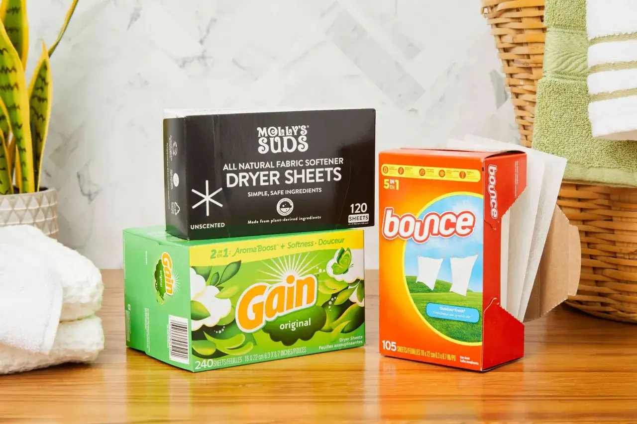 Scatole di lenzuola in asciugatrice: Gain, Bounce e Molly's Suds, per un bucato fresco e morbido.
