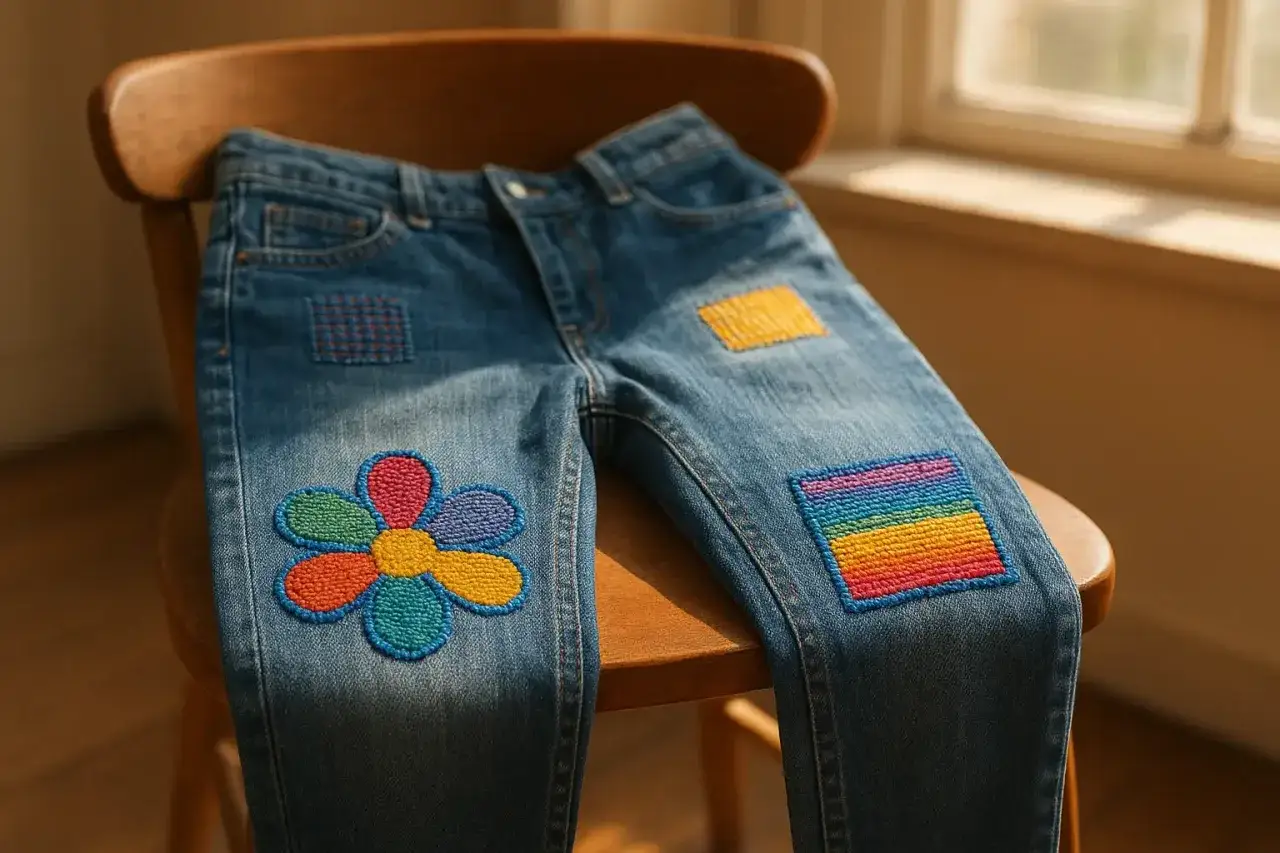 Jeans decorati con toppe colorate: un fiore, un arcobaleno e quadrati. Un'idea creativa per come rattoppare i jeans e renderli unici.