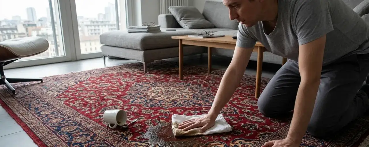 Uomo pulisce macchia su tappeto persiano con panno. La cura dei tappeti persiani è importante.