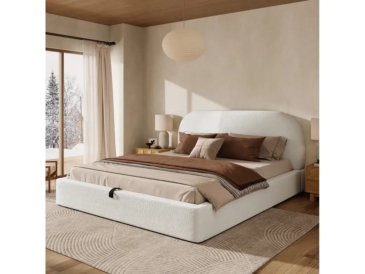 Letto moderno con testiera arrotondata e rivestimento testurizzato. Le parti del letto sono ben visibili, con cuscini marroni e una coperta.