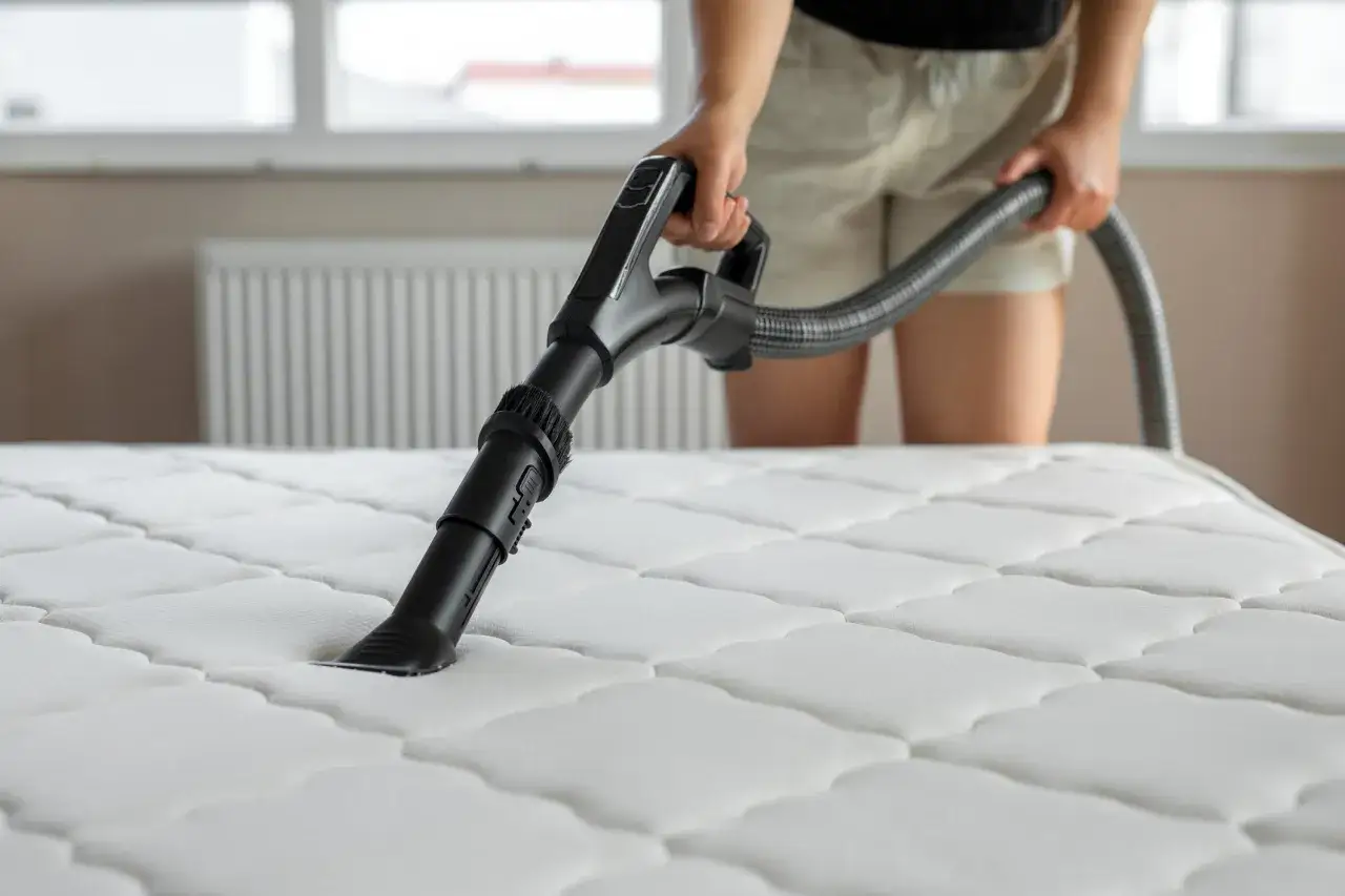 Persona aspira il materasso bianco con un aspirapolvere, un gesto essenziale per la pulizia materassi e un sonno più sano.