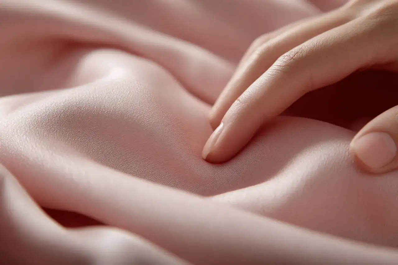 Dita accarezzano un morbido tessuto cupro lavaggio, creando onde di seta rosa pallido.