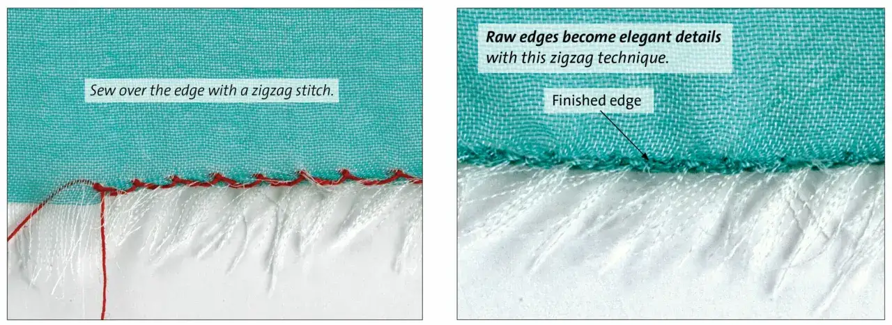 Bordi grezzi rifiniti con punto per rifinire bordi a zig-zag, creando dettagli eleganti.