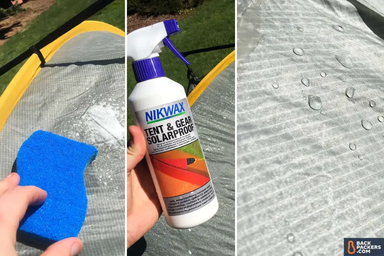 Come impermeabilizzare un tessuto: spugna blu su tenda, spray Nikwax Tent & Gear Solarproof e gocce d'acqua sul tessuto trattato.