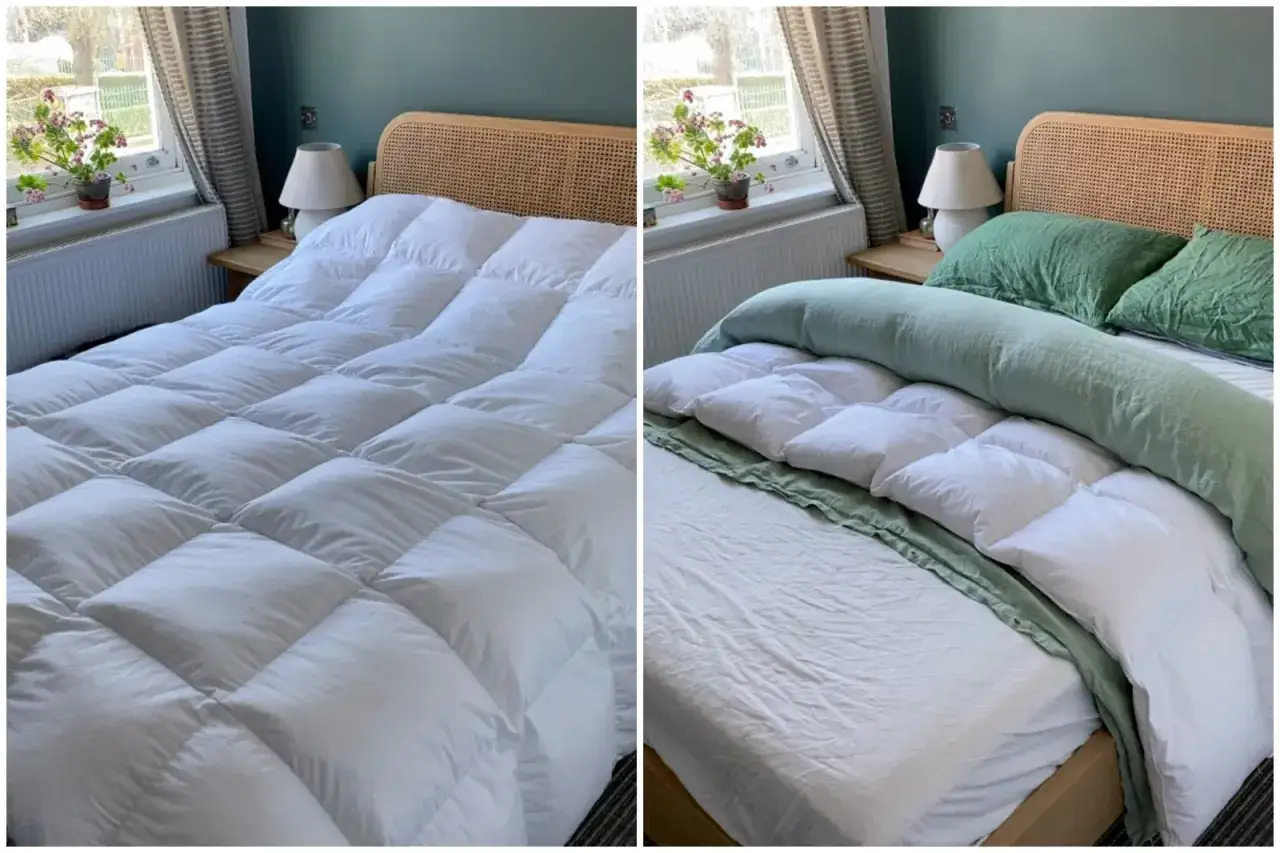 Prima e dopo: come mettere il copripiumino. Un letto bianco soffice, poi con copripiumino verde e cuscini coordinati.