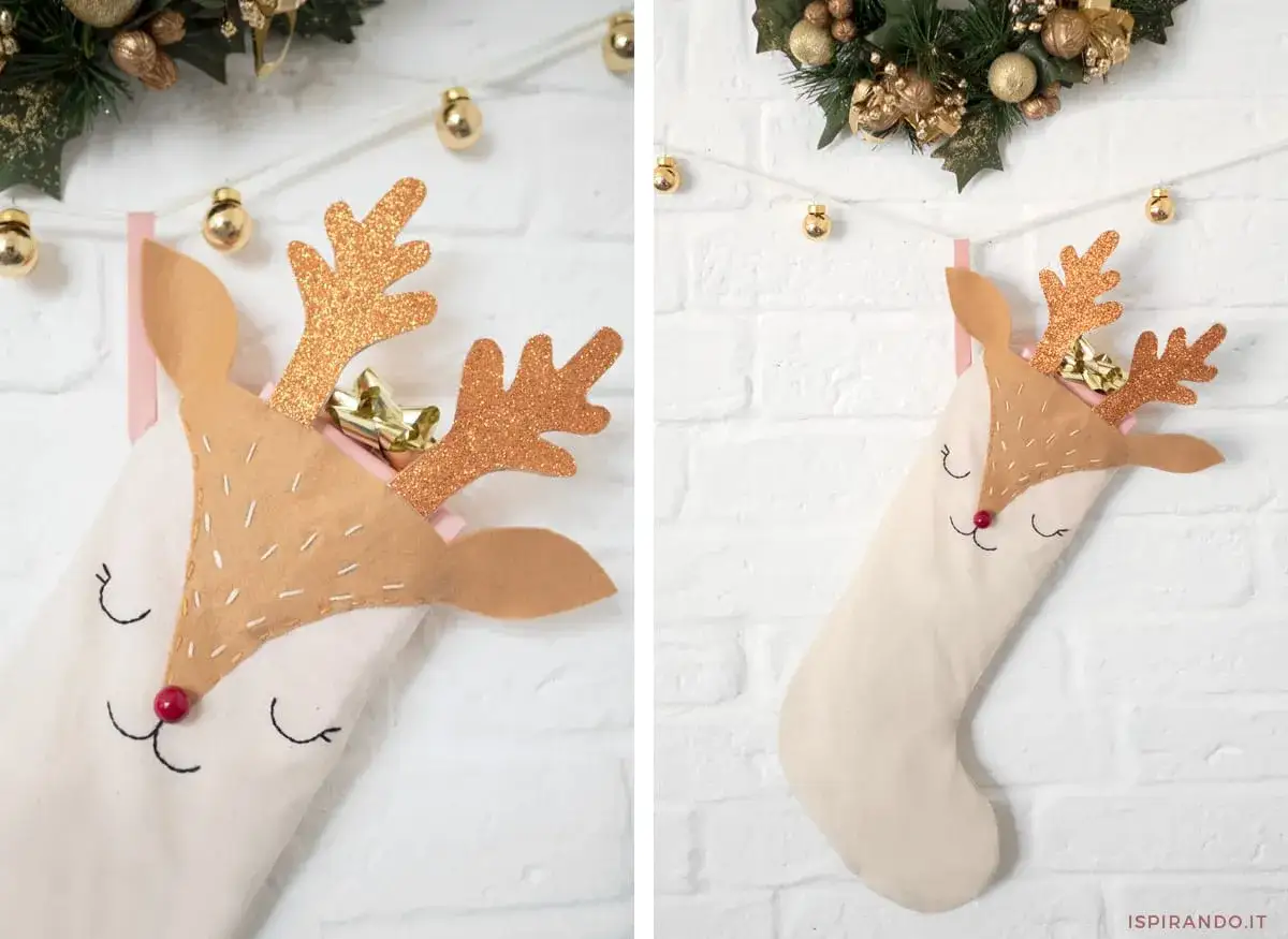Calze Befana personalizzate fai da te a forma di renna, con corna glitterate e musetto ricamato. Perfette per un tocco magico.