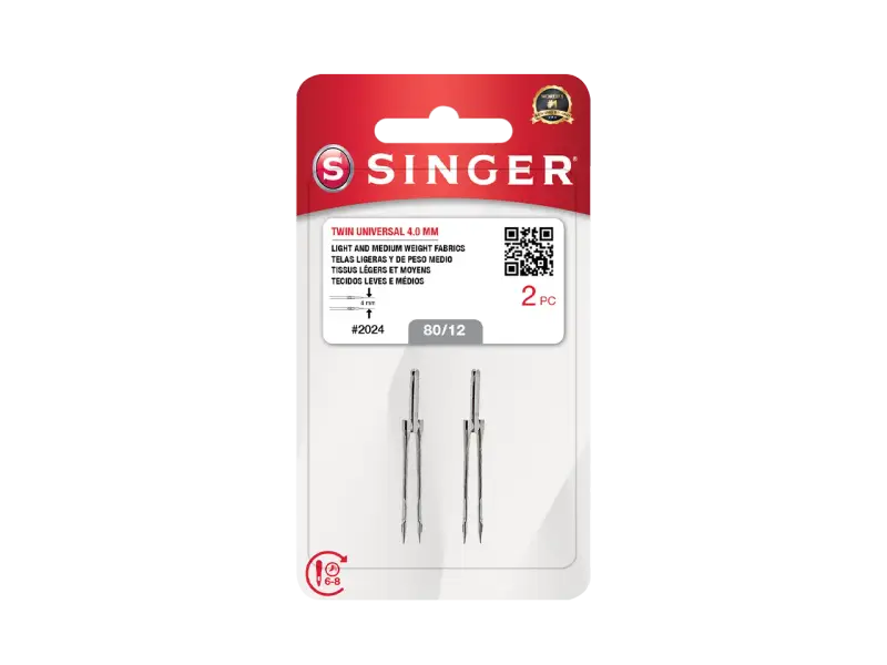 Confezione di due aghi gemelli Singer 4.0 mm, ideali per tessuti leggeri e medi. La tabella aghi per macchina da cucire indica la misura 80/12.